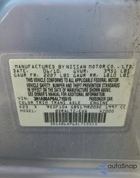 2010 Nissan Sentra 2.0 из США, поврежденный, VIN 3N1AB6AP6AL715515